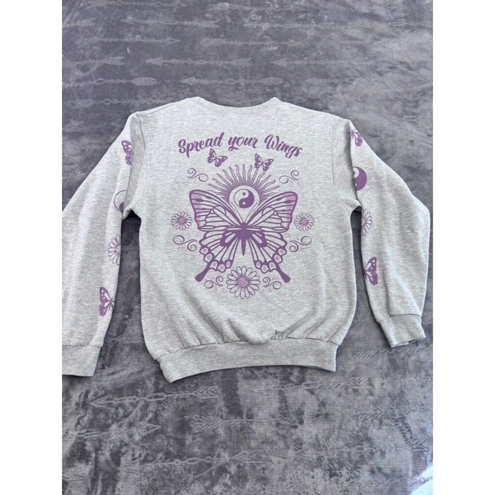 Obsessive Love Sweatshirt Women's S Grey Purple Butterflies Flowers - Picture 9 of 10